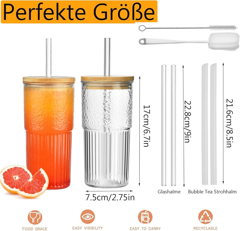 Vitever 2db-os Bubble Tea pohár szett 600ml, csíkos üveg fedéllel