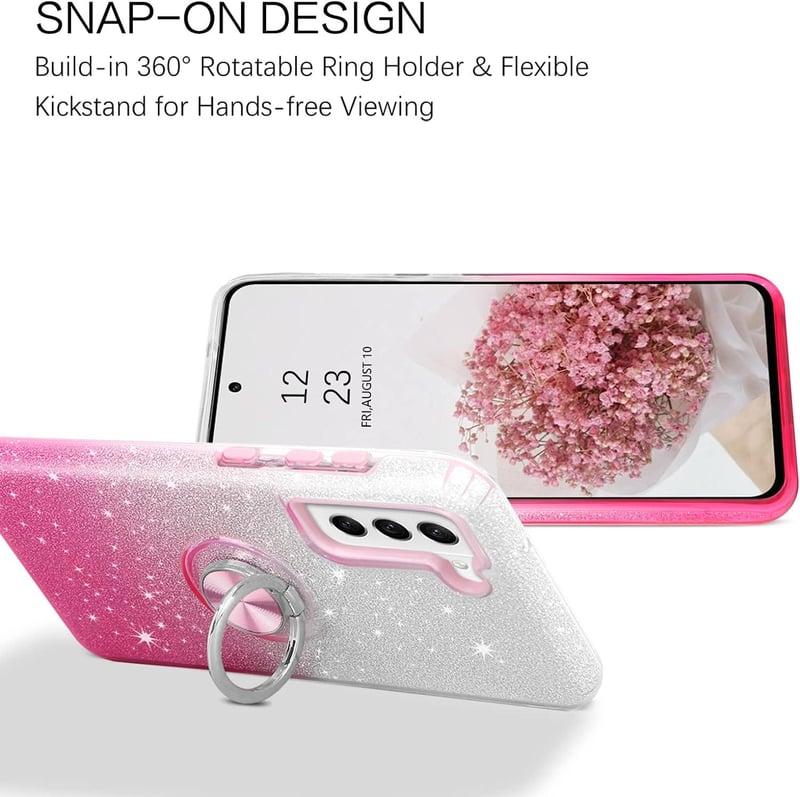 Samsung S21 FE 360°-os Csillogó Védőtok Gyűrűtartóval - Ütés- és Karcálló