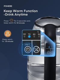 FOHERE üveg vízforraló 5 hőfokbeállítással, LED-del, melegen tartó funkcióval, 1.7L 7