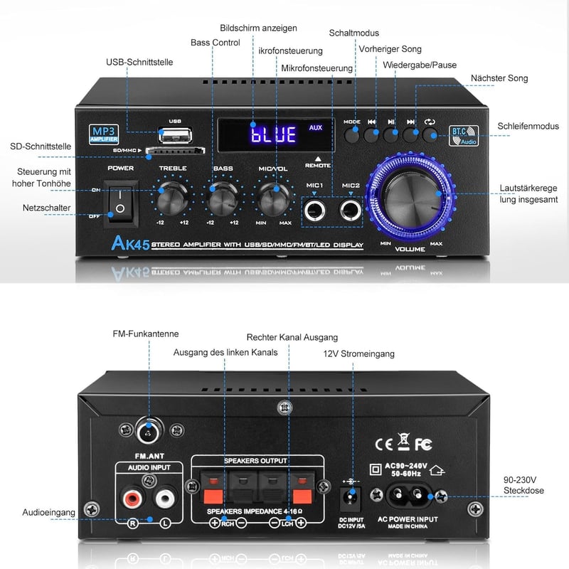 KKMOL AK45 Mini Bluetooth Sztereó Erősítő 400W, USB/SD, Távirányítóval