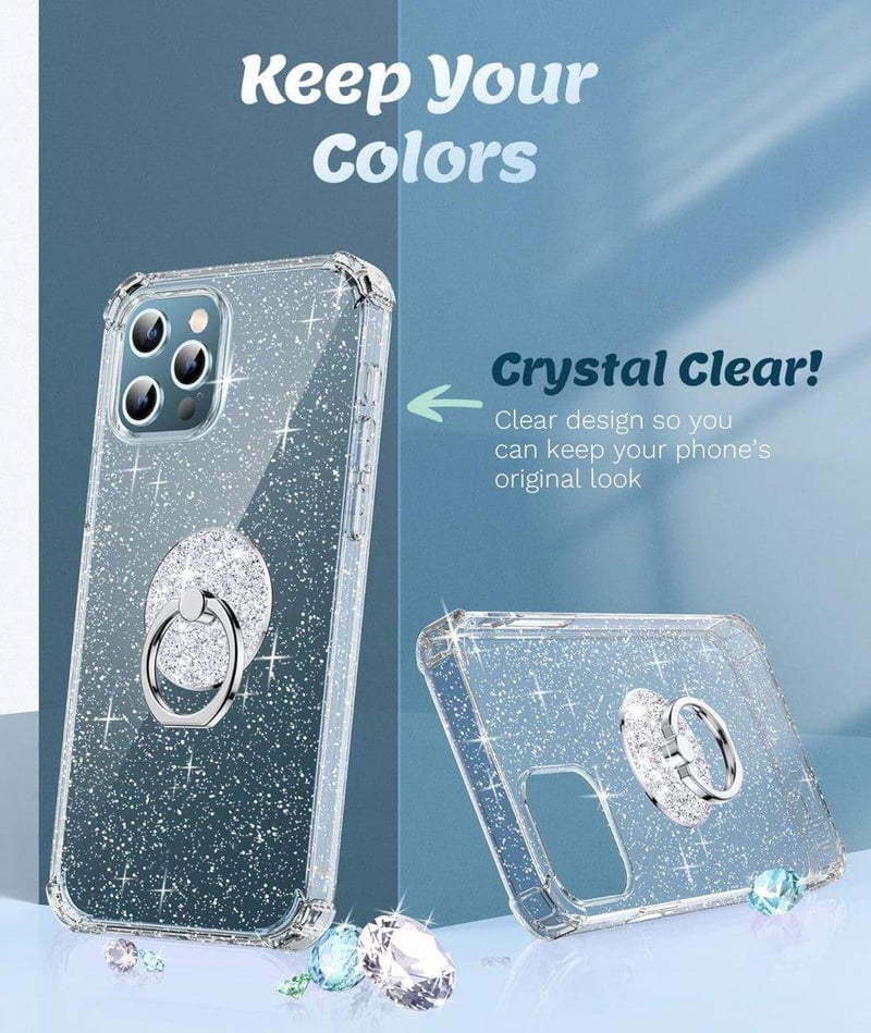 iPhone 12 Pro Max Átlátszó Glitteres Gyűrűs Védőtok Csillogó Ütésálló