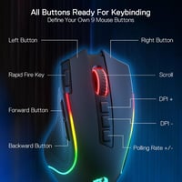 Redragon M612 PRO RGB Gamer Egér 8000 DPI Vezetékes/Vezeték Nélküli 9 Programozható Gombbal, 6 Háttérvilágítási Móddal, Bluetooth és 2.4G Ka 4