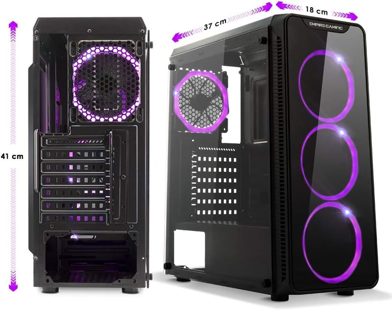 EMPIRE GAMING Warmachine ATX Mid-Tower Gamer Ház - 4 RGB LED Ventilátor, 11 Világítási Mód, Edzett Üveg, Vízhűtés Kompatibilis, Fekete