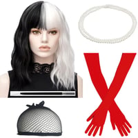 TANTAKO Fekete-Fehér Cosplay Paróka Szett - Hőálló Hullámos Műhaj Cruella Jelmezhez Piros Kesztyűvel, Gyöngy Nyaklánccal 1
