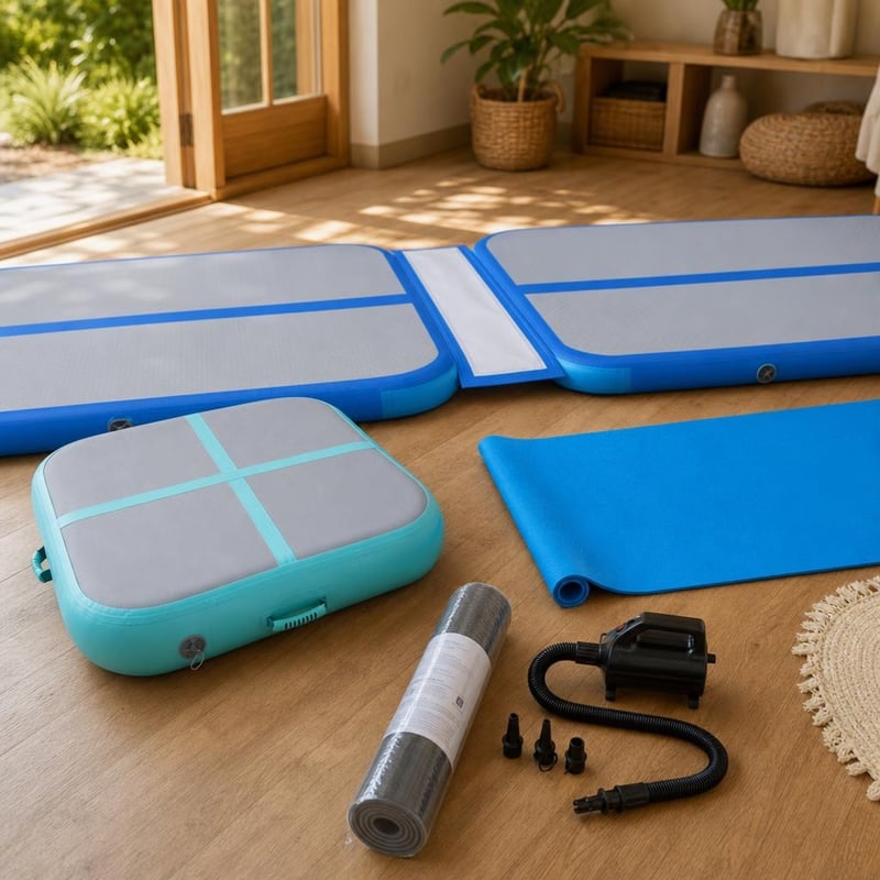 Set za kućni trening: 1 m spojna traka + zračna gimnastička podloga s pumpom + joga prostirka s torbom