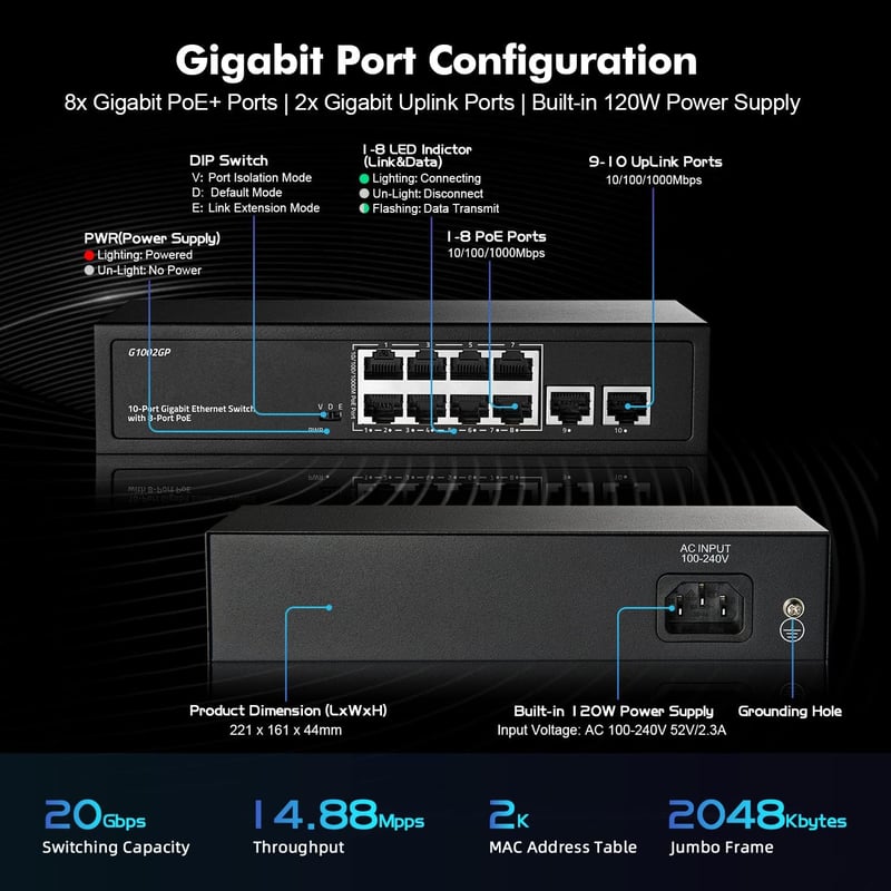 10 Portos Gigabit PoE Switch - 8 PoE+ Port, 120W, Ventilátor Nélküli