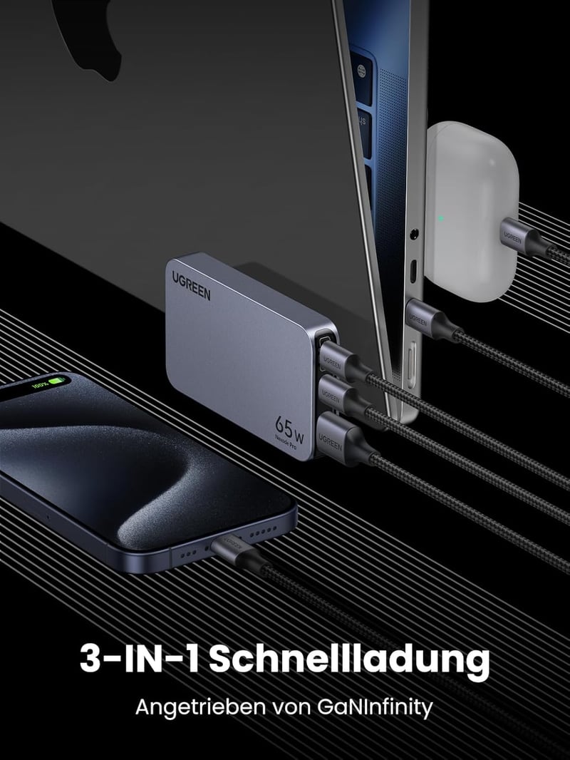 UGREEN Nexode Pro 65W USB-C GaN Töltő - 3 Portos Gyorstöltő MacBook, iPad, iPhone 16, Galaxy S24, Dell XPS Készülékekhez, EU/US/UK Csatlakoz