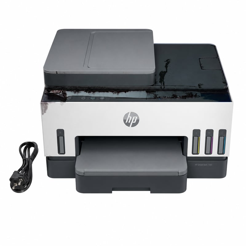 Multifunkčná atramentová tlačiareň HP Smart Tank 7305, skener, kopírka — chybná, na súčiastky: vytečený atrament (stav: viď 2. obrázok)