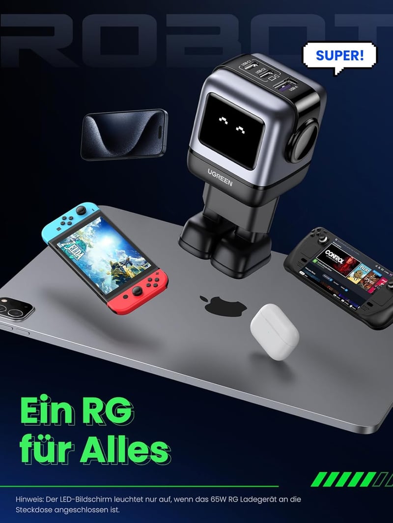 UGREEN Nexode RG 65W GaN USB-C gyorstöltő, 3 portos, LED kijelzős, MacBook/iPhone/Galaxy kompatibilis