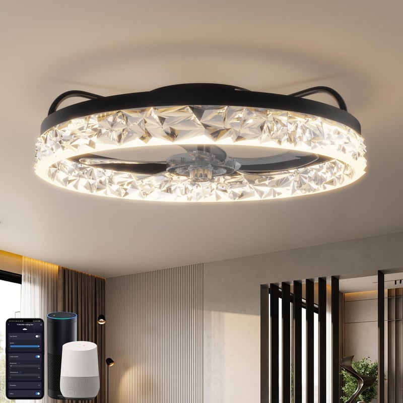 YUNLONG Okos WiFi Mennyezeti Ventilátor Lámpával - Alexa és Google Kompatibilis, Távirányítós, 5 Lapátos, Fekete, Fényerőszabályozható, Irán
