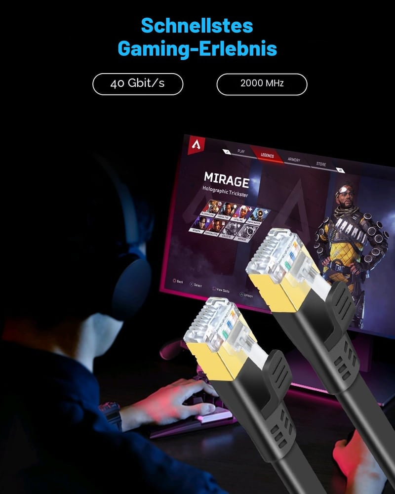DDMALL Cat 8 hálózati kábel 2 csomag 0,5 m lapos patch kábel SSTP 40 Gbps 2000 MHz aranyozott RJ45 LAN internethez router PC gaminghez
