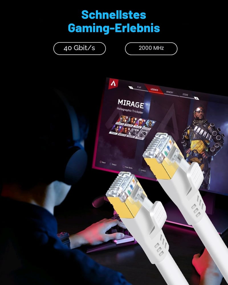 DDMALL Cat 8 lapos patch kábel 2 darab 1 m fehér SSTP 40 Gbps 2000 MHz aranyozott RJ45 LAN internet Gaming router PC-hez