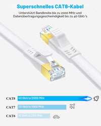 DDMALL Cat 8 lapos patch kábel 2 darab 1 m fehér SSTP 40 Gbps 2000 MHz aranyozott RJ45 LAN internet Gaming router PC-hez 2