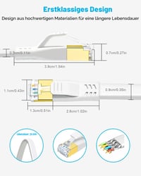 DDMALL Cat 8 lapos patch kábel 2 darab 1 m fehér SSTP 40 Gbps 2000 MHz aranyozott RJ45 LAN internet Gaming router PC-hez 6