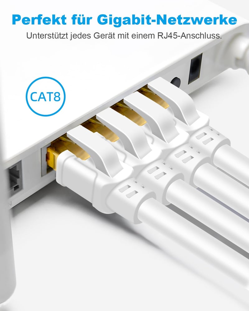 DDMALL Cat8 hálózati ethernet kábel RJ45 csatlakozóval, fehér sodrott vezeték, internet routerhez és switchhez