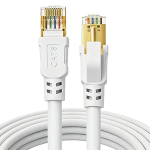 DDMALL CAT8 hálózati Ethernet kábel RJ45 csatlakozóval fehér színben internet routerhez, modemhez