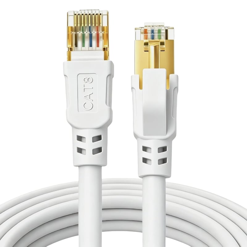 DDMALL Cat8 hálózati ethernet kábel RJ45 csatlakozóval, fehér sodrott vezeték, internet routerhez és switchhez