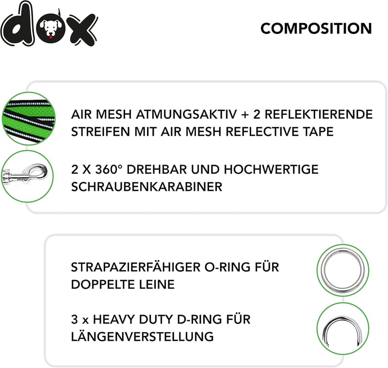 DDOXX Fényvisszaverő Kutyapóráz, Légáteresztő Hálós, 2m, 3-féle Állítható, Harapásálló, Zöld, M Méret, Minden Kutyamérethez