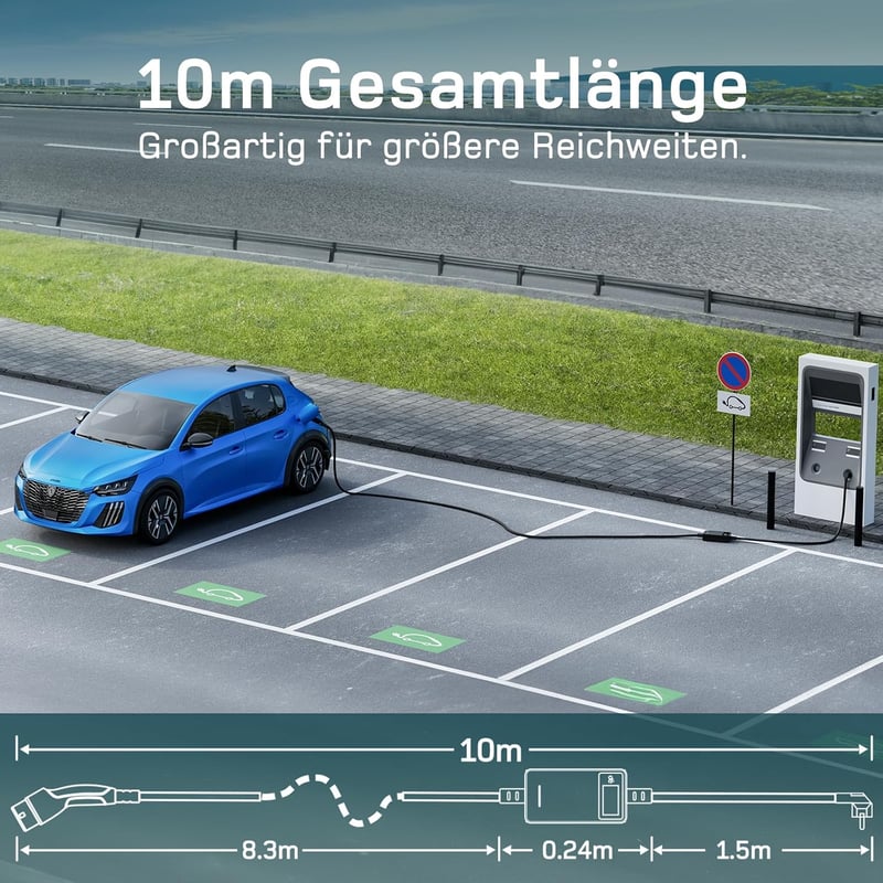 dé 1-fázisú Type 2 Schuko töltőkábel, 3,68 kW, 10 m, 6-16 A, vezérelhető kijelzővel, EV autókhoz PHEV/EV GLA X3 ZOE ID.3 ID.4
