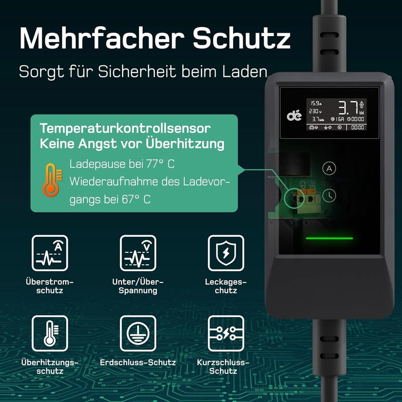 dé Elektromos Autó Töltőkábel Type 2 Schuko 3.7 kW 10m LCD Kijelzővel - Univerzális EV Töltő Tesla, VW, MG4, Zoe és Más Elektromos Járművekh