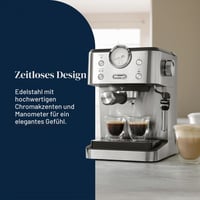 Pákový espresso kávovar De'Longhi Classic EM450.M, s profesionálnou dýzou na napeňovanie mlieka, celokovové telo, 15 barov, 1,7 l nádržka na vodu, nehrdzavejúca oceľ 2