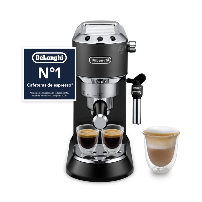 De'Longhi Dedica espresso aparat s pumpom, nehrđajući čelik, sustav protiv kapanja, za mljevenu kavu ili espresso jastučiće (ESE pods), za espresso i cappuccino, 1,3 l, crni, EC685