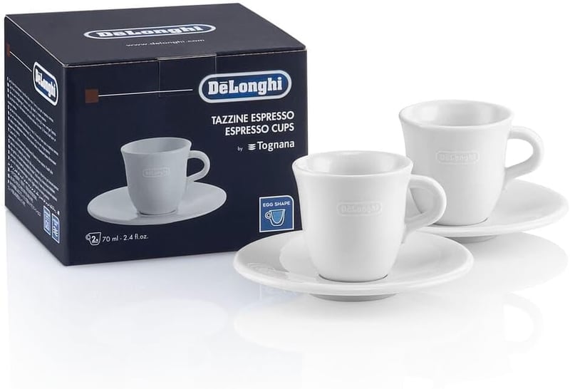 De'Longhi DLSC308 Porcelain Espresso Cups Set - 2 Handmade Ceramic Cups with Saucers, Microwave & Dishwasher Safe, 70 ml, White
