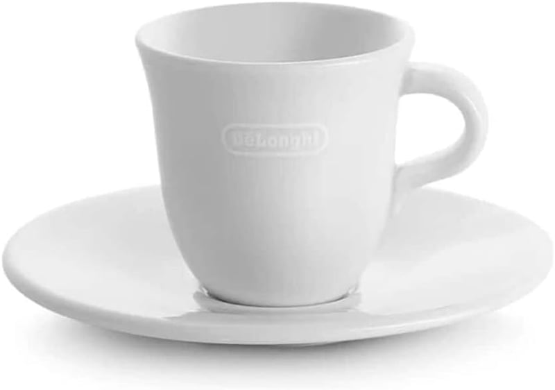 De'Longhi DLSC308 Porcelain Espresso Cups Set - 2 Handmade Ceramic Cups with Saucers, Microwave & Dishwasher Safe, 70 ml, White