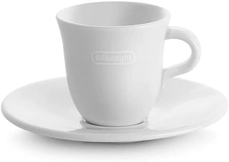 De'Longhi DLSC308 Porcelain Espresso Cups Set - 2 Handmade Ceramic Cups with Saucers, Microwave & Dishwasher Safe, 70 ml, White