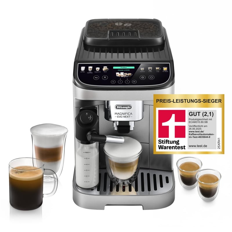 Automatický kávovar De'Longhi Magnifica Evo Next Perfetto s napeňovačom mlieka LatteCrema, 13 nápojmi na jeden dotyk, farebným dotykovým displejom, titánový (ECAM312.80.SB)