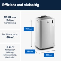 Mobilná klimatizácia De'Longhi Pinguino PAC EM82, 9400 BTU, 27 m², odvlhčovanie, ventilátor, 24-hodinový časovač, energetická trieda A, biela 3
