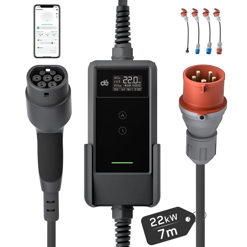 Mobilná nabíjacia stanica (Wallbox) 22 kW s ovládaním cez aplikáciu – 7 m kábel, 3 fázy, 6-32 A, CEE 32A – nabíjacia stanica Typ 2 pre Model Y, ID.3/4/5, MG4, EX30 a iné EV/PHEV