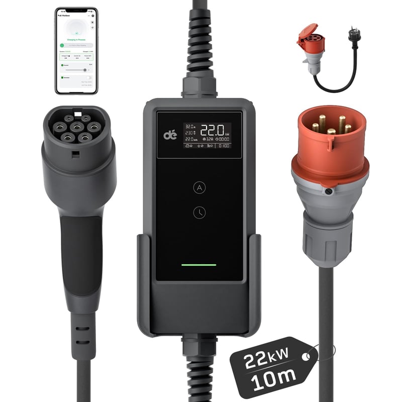 dé Mobil Wallbox Töltőállomás 22 kW App-al, 3 fázisú, 10m, 6-32A, Áramszámlálóval, CEE 32A Type 2 Töltőkábel, Model Y/3, ID.3/4/5, MG4, EX30, e-up, e-tron EV/PHEV