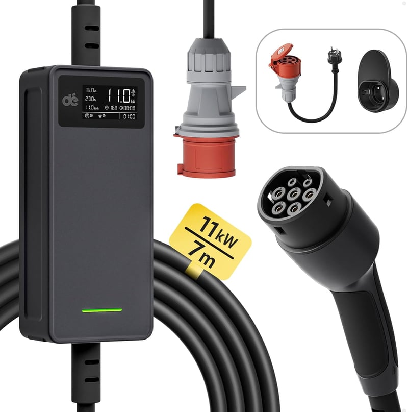 dé Mobile Wallbox 11 kW 3-fázisú hordozható töltőállomás 7m kábellel, állítható töltőteljesítménnyel elektromos autókhoz, ID.3, ID.4, Model  - CEE 11kW