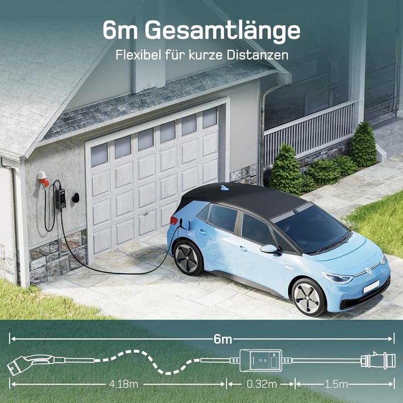 dé Mobile Wallbox 11 kW Elektromos Autó Töltőállomás - 3 Fázisú, 6m Kábel, Állítható Töltőerősség, Type 2 Csatlakozó, Model Y/3, ID.3/4/5, Z