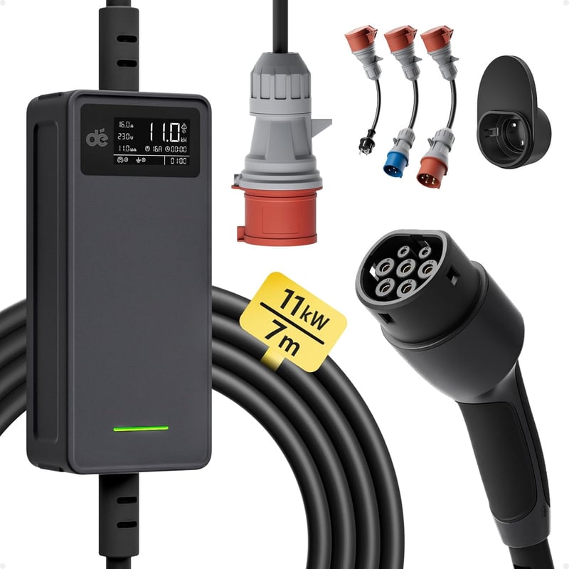 dé Mobile Wallbox 11 kW háromfázisú mobil töltőállomás, 7 m kábel, Traveller Adapter Set