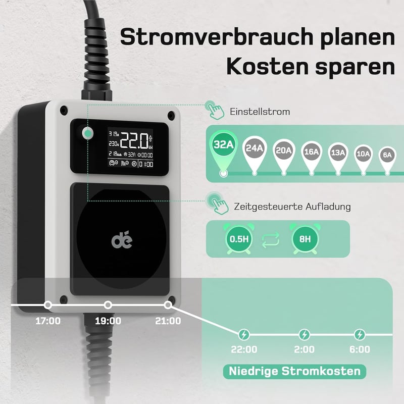 dé Mobile Wallbox 22 kW háromfázisú elektromos autó töltő 7,5m kábellel