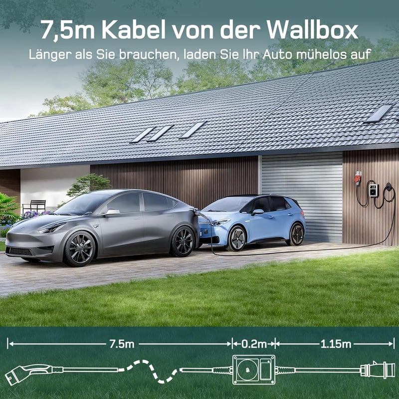 dé Mobile Wallbox 22 kW háromfázisú elektromos autó töltő 7,5m kábellel