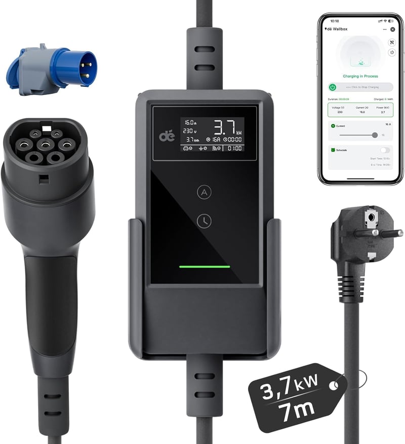 dé Type 2 Schuko töltőkábel elektromos autóhoz 3,7 kW LCD kijelzővel - 7 m