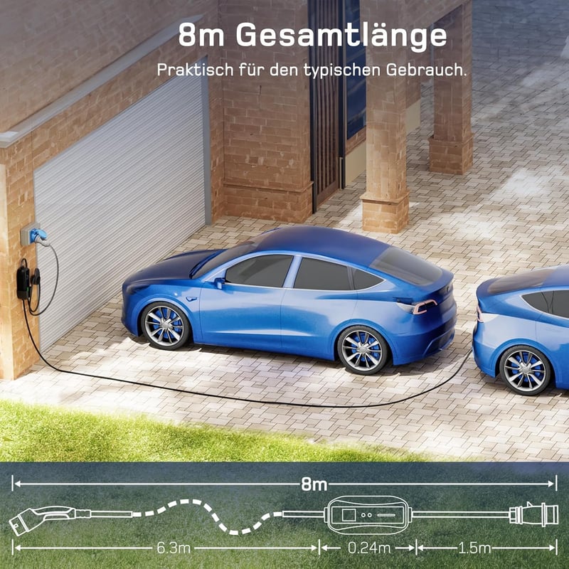 dé Type 2 CEE Töltőkábel 7.4 kW 8m 6-32A Elektromos Autó Töltéshez ID.3 ID.4 Model Y