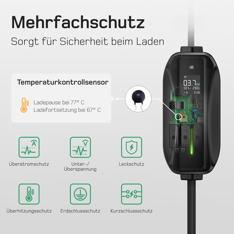 dé Type 2 Elektromos Autó Töltőkábel Schuko 3.68 kW Digitális Kijelzővel, 6m, Hordozható, IP66 Vízálló, Kompatibilis ID.3, ID.4, Model 3, ZO