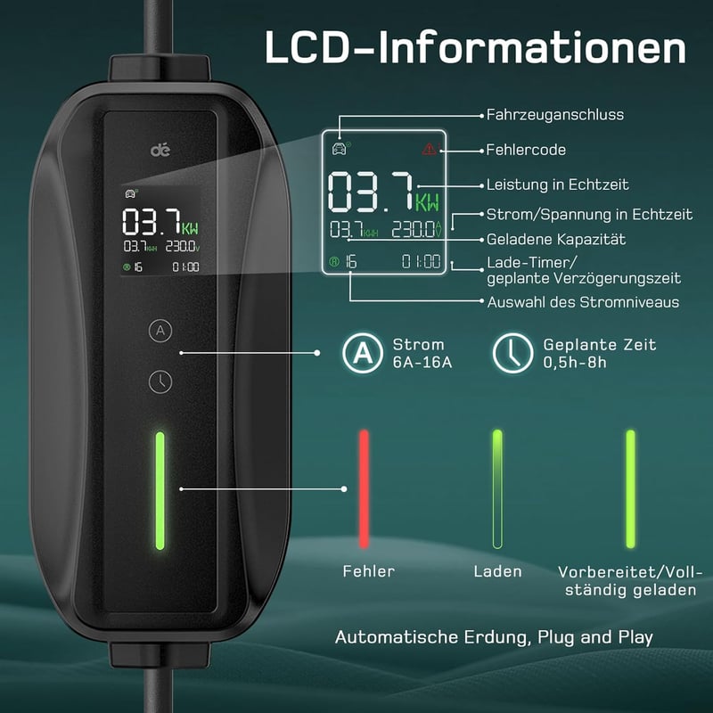 dé Type 2 Elektromos Autó Töltőkábel Schuko 3.68 kW Digitális Kijelzővel, 6m, Hordozható, IP66 Vízálló, Kompatibilis ID.3, ID.4, Model 3, ZO