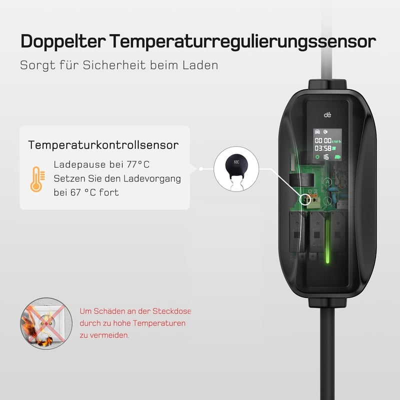 dé Type 2 Schuko töltőkábel 3.68 kW 10m elektromos autóhoz digitális kijelzővel