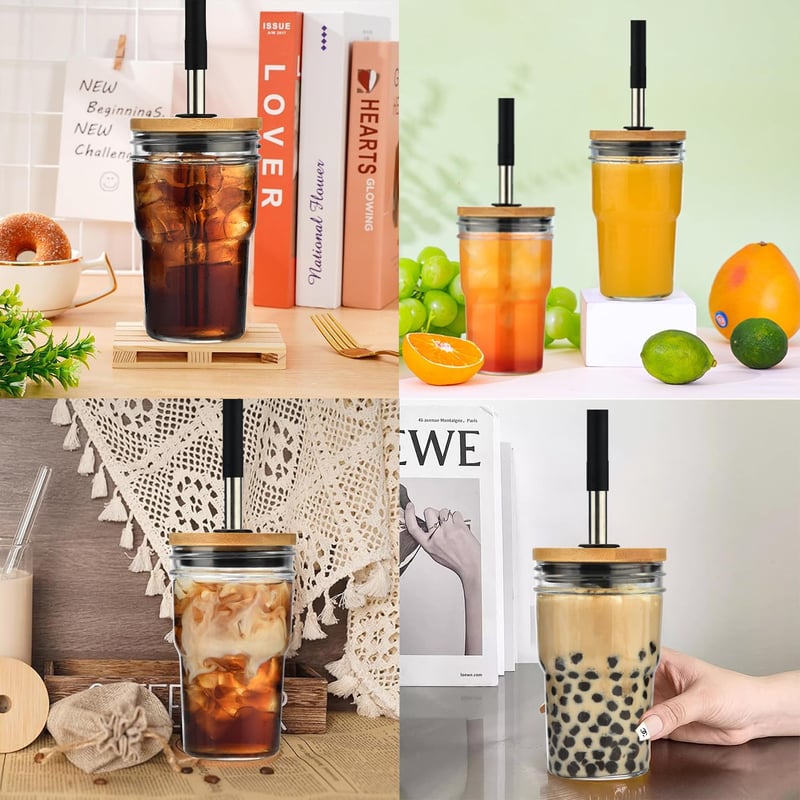 Vitever Bubble Tea pohár szett 475ml - Fehér üveg fedéllel, szívószállal