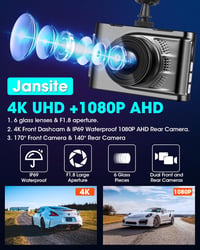Jansite 4K WiFi Autós Fedélzeti Kamera Első-Hátsó Kamerával, GPS, 64GB SD Kártya, 170° Látószög, Éjjellátó, WDR, Parkolási Mód, Type-C 2