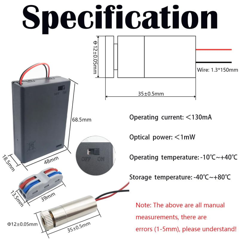 CTRICALVER 520 nm Zöld Lézer Vonal Modul 3-5V Fémházas Dióda Meghajtóval, 15 cm Kábellel, Sorkapcsokkal és Elemtartóval DIY Projektekhez - 520nm 3-5V Grün Laserlinie, 520 Nm 3-5 V Green Laser Line