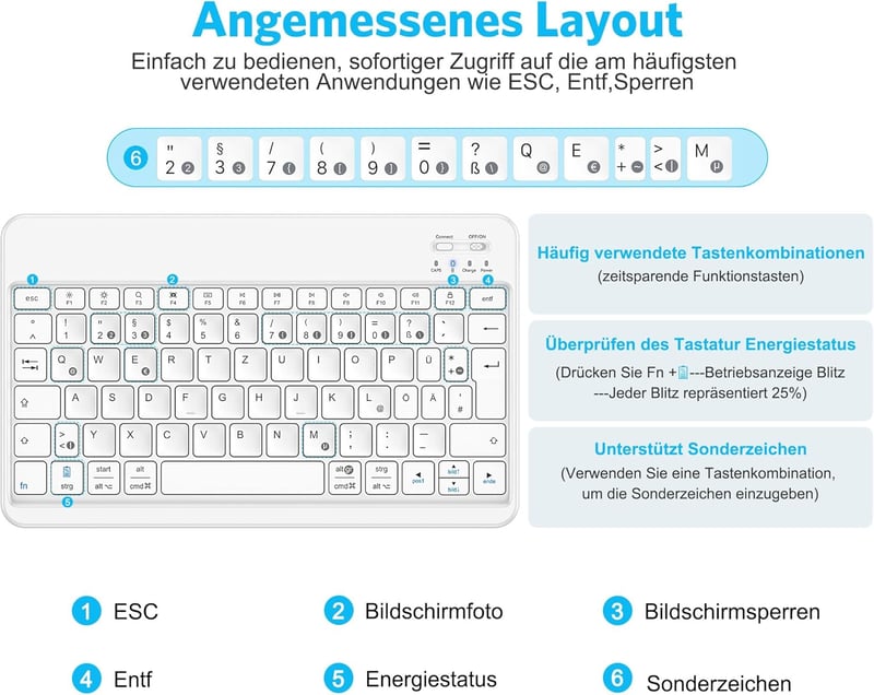 Emetok Német QWERTZ Bluetooth Billentyűzet iPad/iPhone/Samsung/Android Készülékekhez - Ultravékony, Újratölthető, Vezeték Nélküli, Fehér