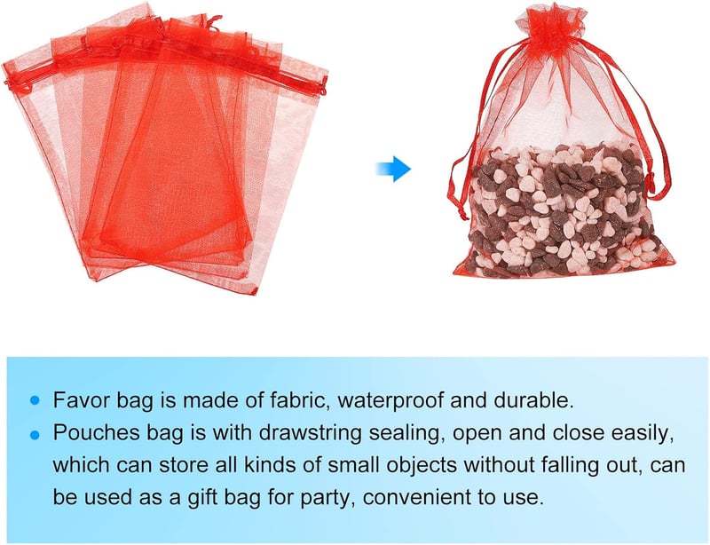 Piros organza ajándéktasak 50db - Esküvői, karácsonyi ékszertartó 11x16cm