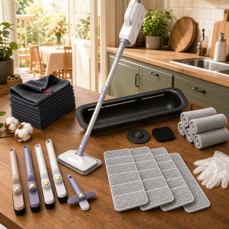 Set curățenie bucătărie: filtru telescopic + mop cu aburi + 8 rezerve + 6 lavete + 4 perii + 500 mănuși