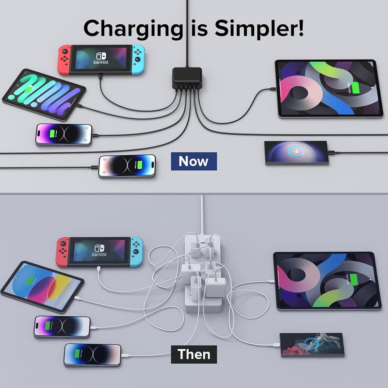 Zomvan 100W USB-C Gyorstöltő 6 Portos Töltőállomás - 3 USB-C és 3 USB-A Port iPhone 16/15/14, Samsung S24/S23, iPad Kompatibilis Fekete Tölt